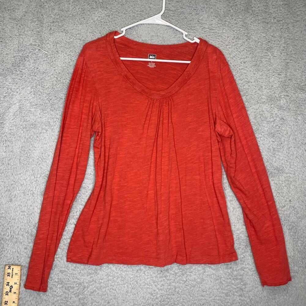 REI womens orange L long sleeve ruched scoop neck lightweight outdoor stretch
